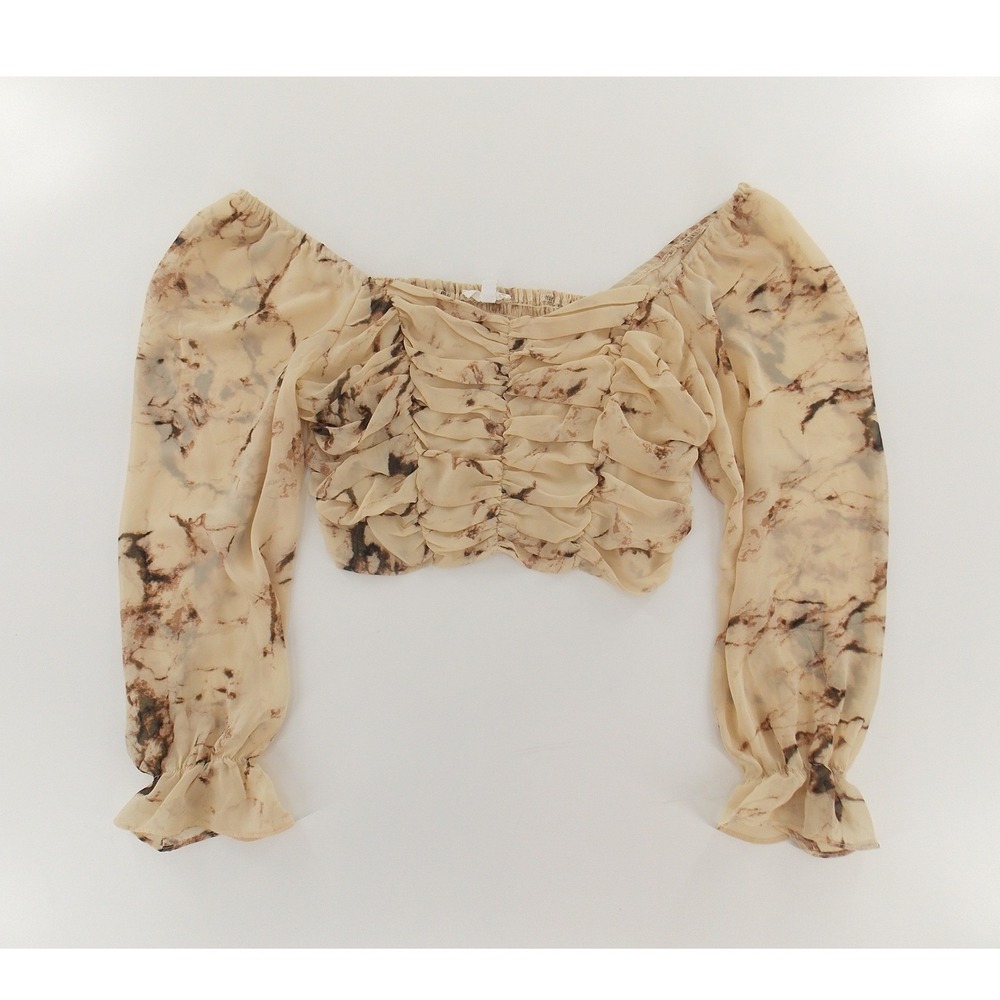 June & Hudson Ruched Crop Top Marble Print Modern Women‎ Size Large Beige Brown